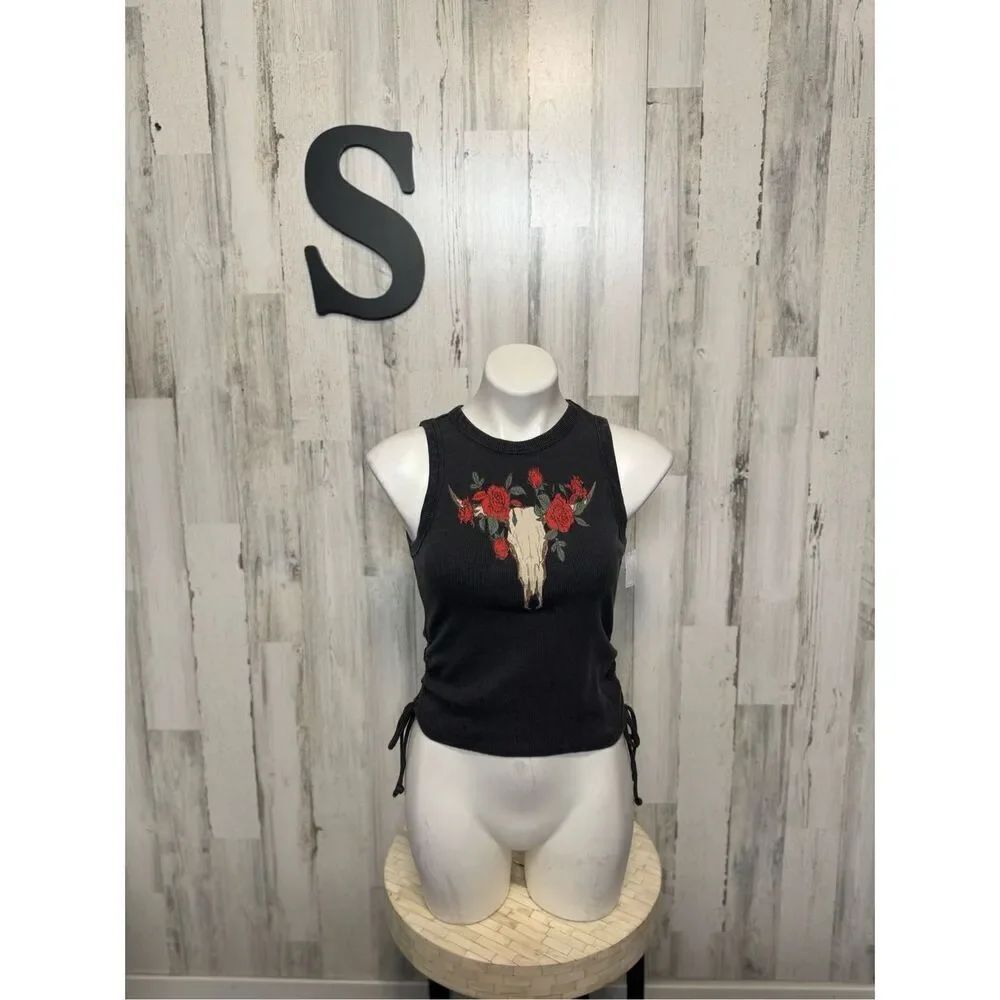 No Boundaries Charcoal Gray Ribbed Tank Top Womens Small 3-5 Cow Skull Roses Sid